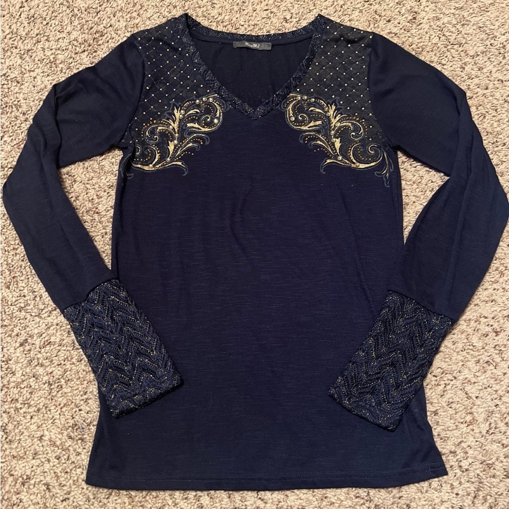 Miss Me Embellished Blue and Gold Blouse